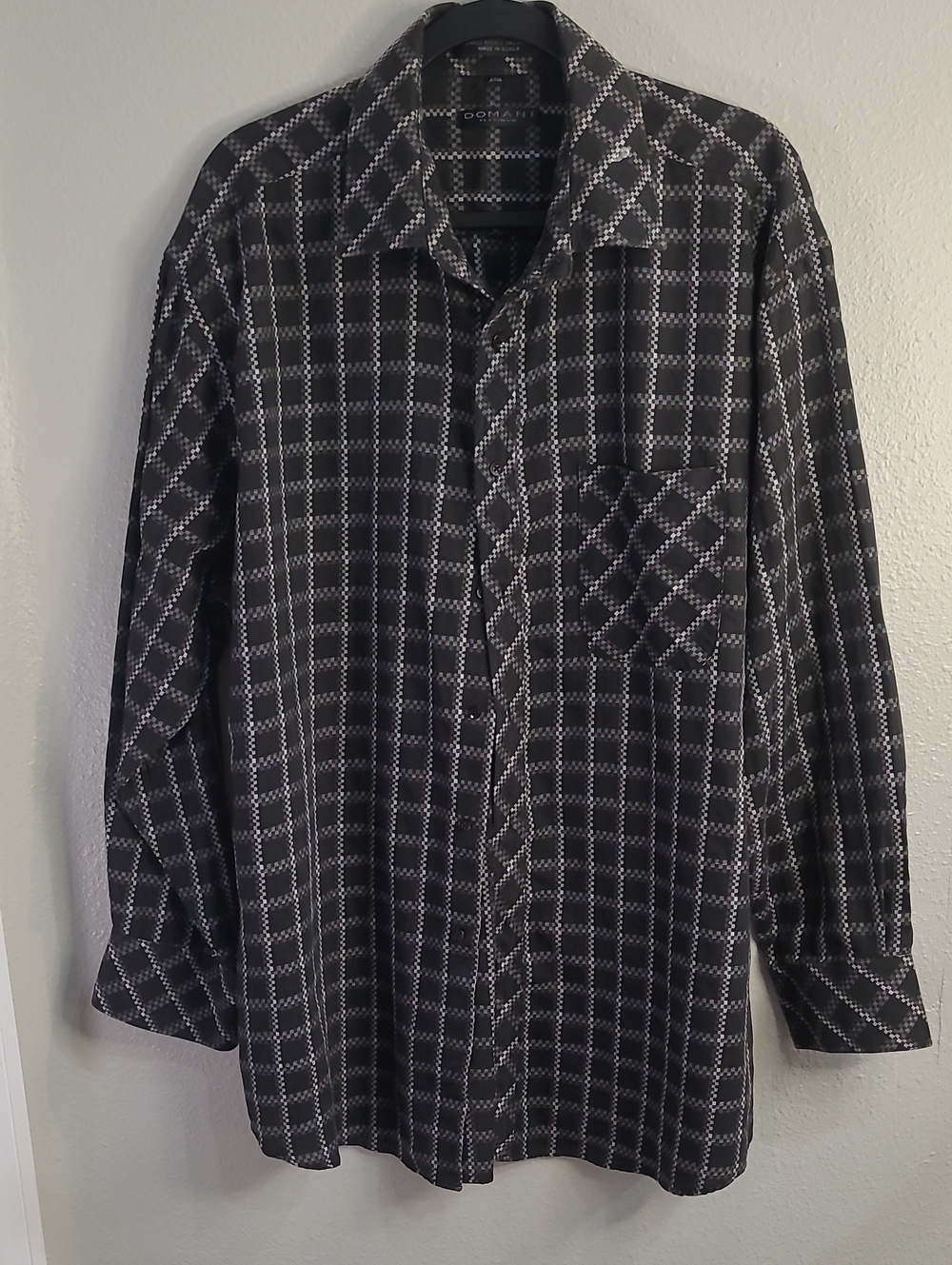 Domani Platinum Black Windowpane Plaid Long-Sleeve Shirt 17.5 34/35